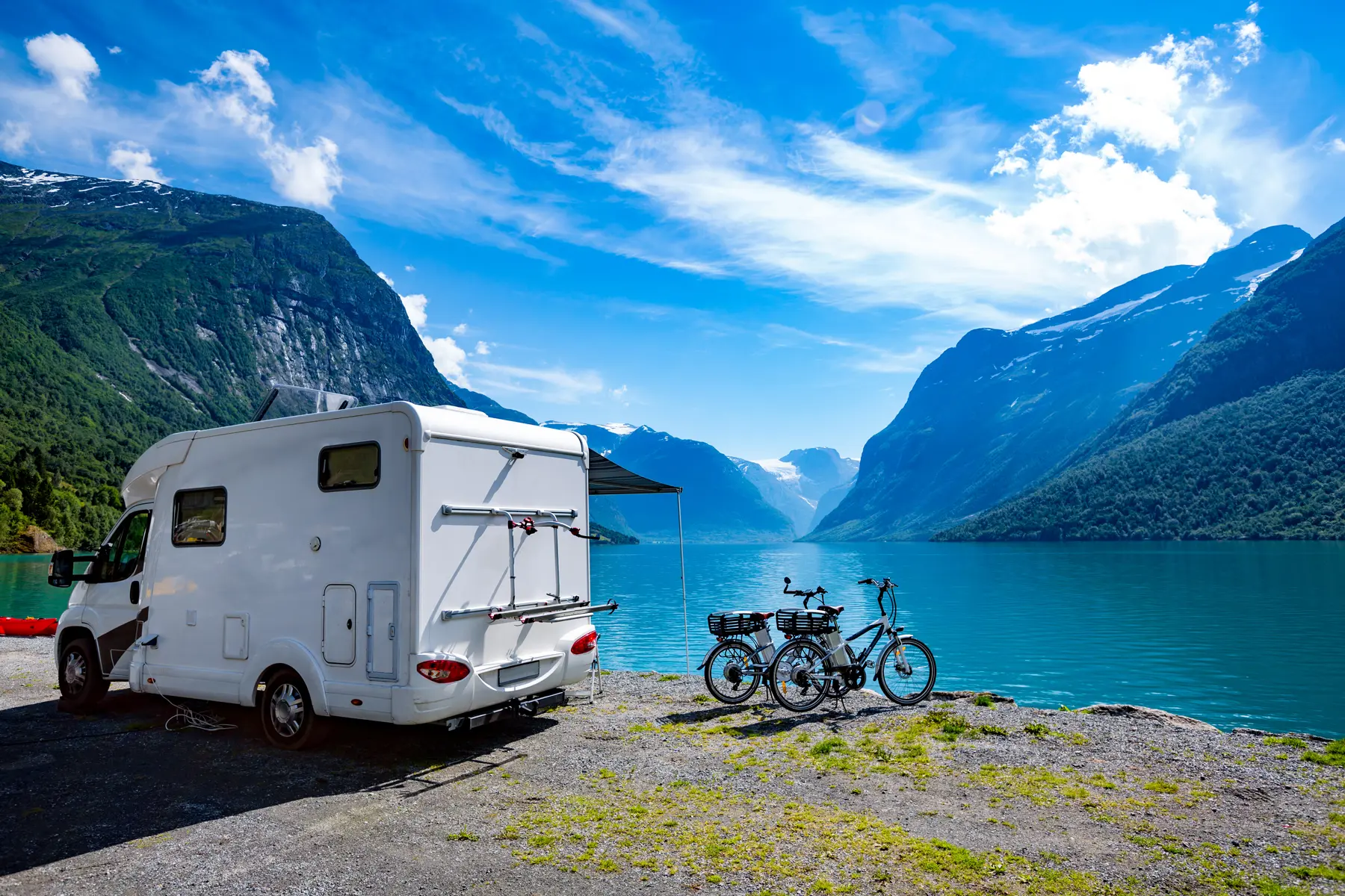 A motorhome parked in-front of a blue lake in a mountainous region